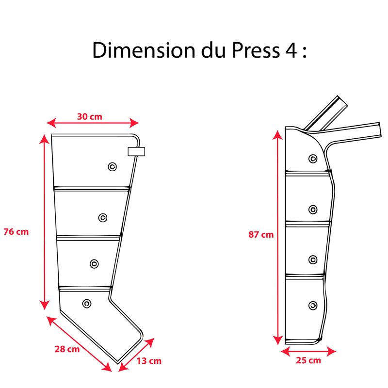 Dimension des bottes de pressothérapie PRESS 4 Winelec®