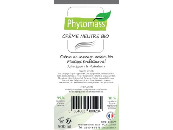 Étiquette composition de la crème de massage neutre Phytomass® Bio Étiquette composition de la crème de massage neutre Phytomass® Bio