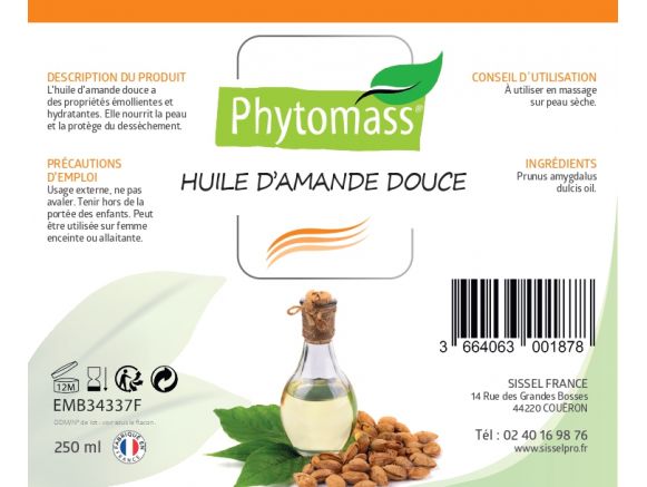 Étiquette de composition de l'huile de massage Phytomass® amande douce Étiquette de composition de l'huile de massage Phytomass® amande douce