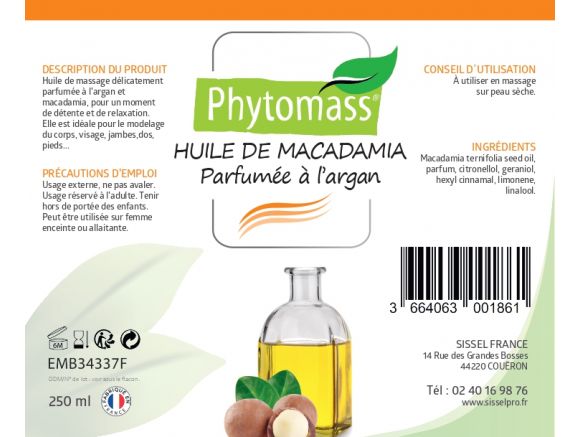 Étiquette de composition de l'huile de massage Phytomass® macadamia parfum argan Étiquette de composition de l'huile de massage Phytomass® macadamia parfum argan